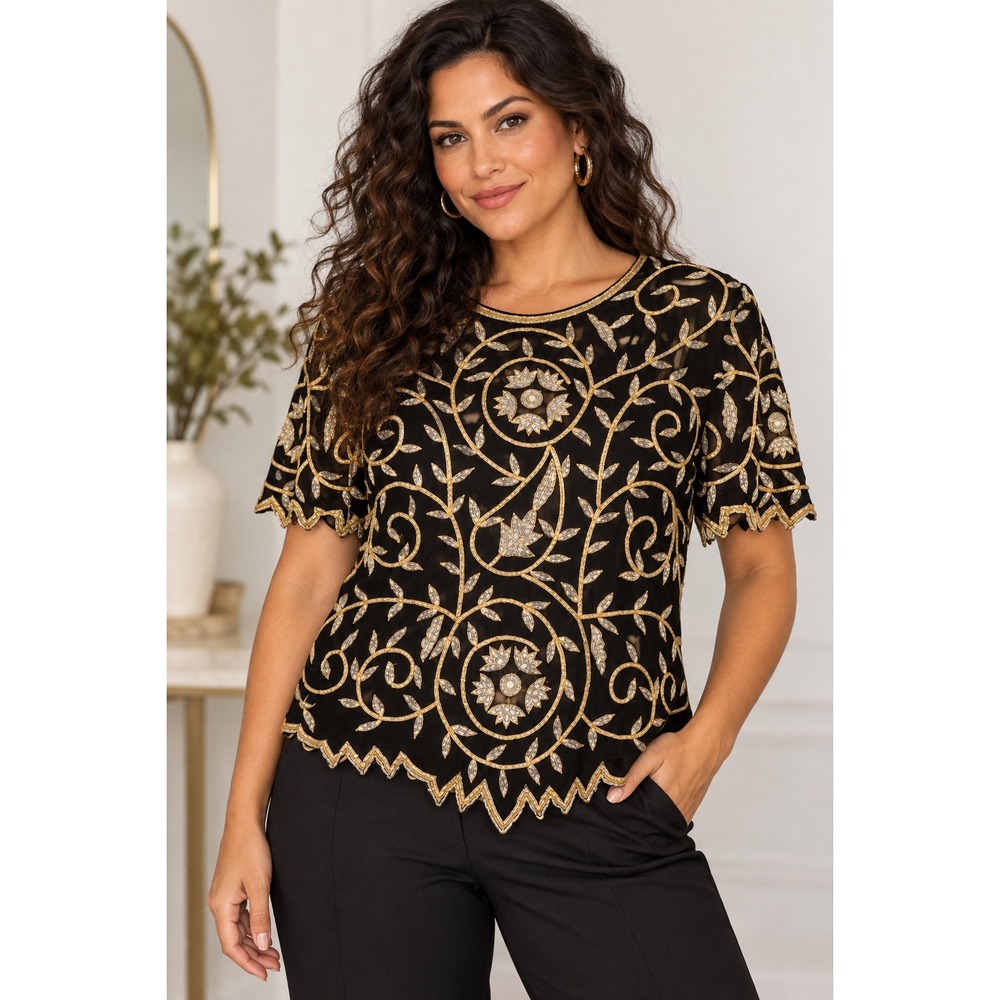 Laurence Kazar Silk Beaded Blouse Black Gold Floral‎ Scalloped Evening Top 1X